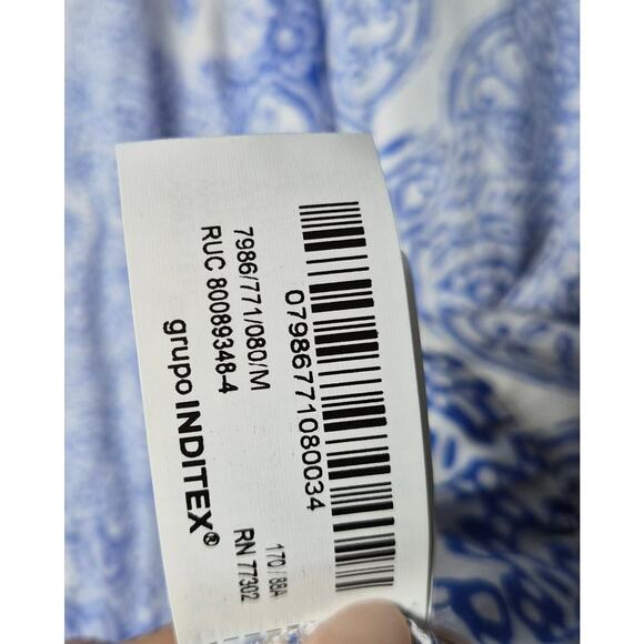 ZARA Blue White Patchwork Tile Print Tiered Midi Dress Long Sleeve Medium M Boho - Picture 9 of 10